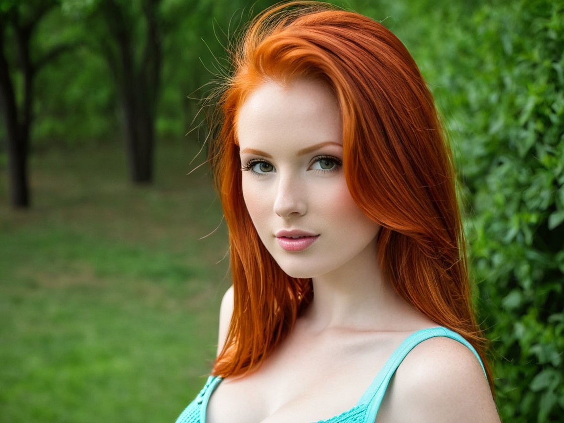 Young woman with red hair in a green setting