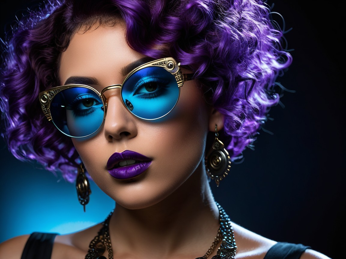 Portrait of a woman with purple hair and bold accessories
