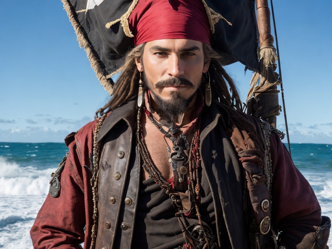 Charismatic Pirate at Shore with Ocean Waves