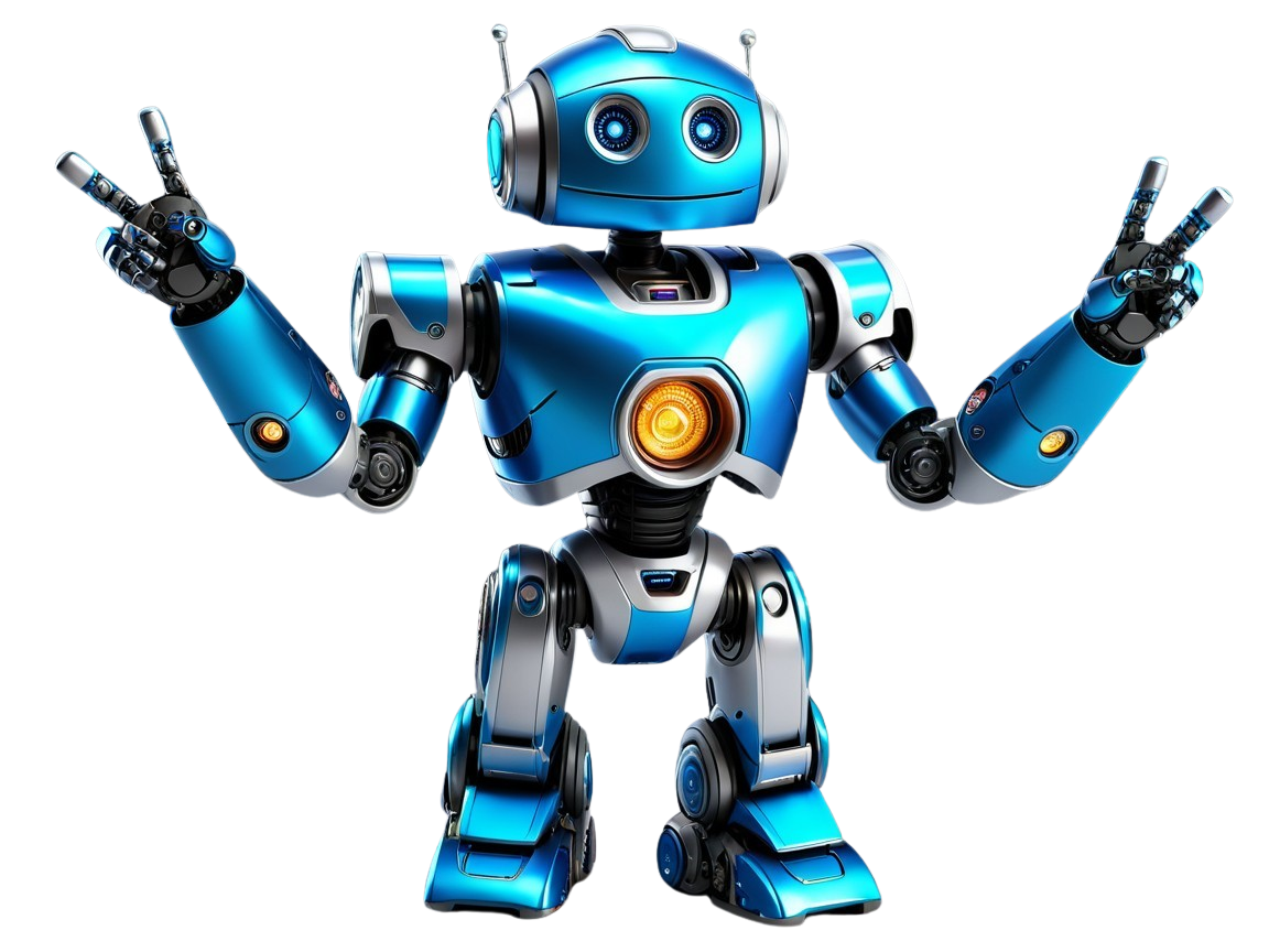 Vibrant Blue Robot with Playful Peace Sign Gesture