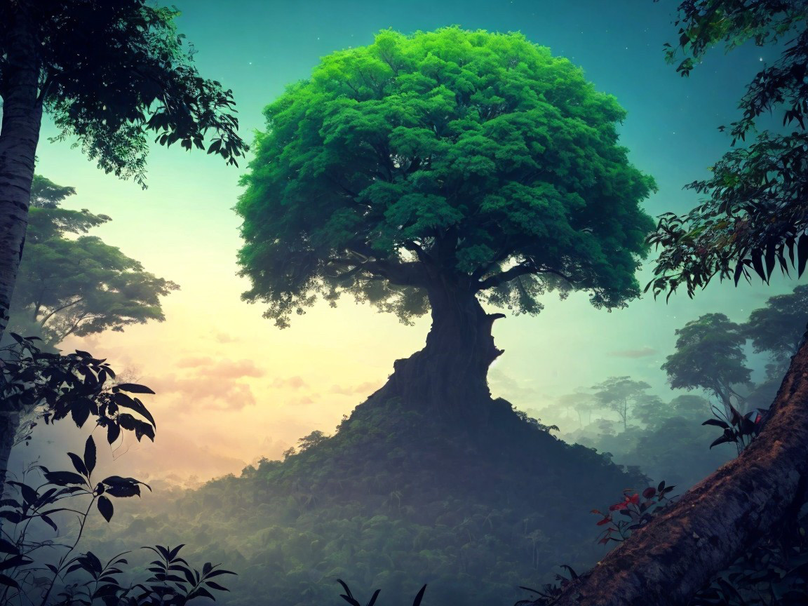 Majestic Tree on Hill with Gradient Sky and Mist