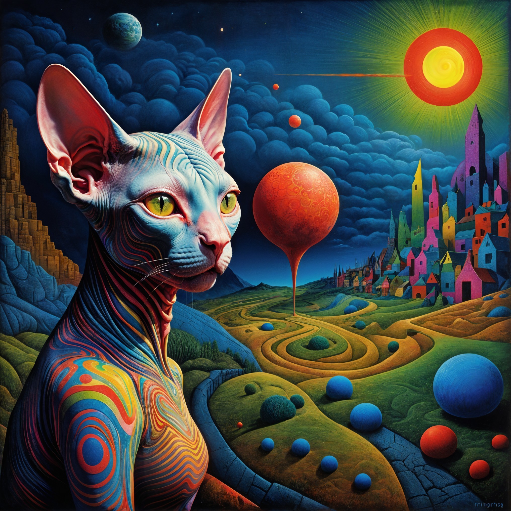 Surreal Landscape with Vibrant Sphynx Cat and Planet