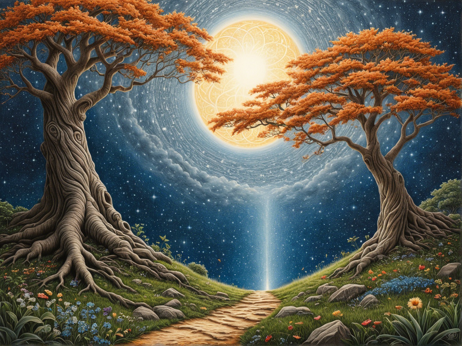 Serene landscape with trees, flowers, and night sky