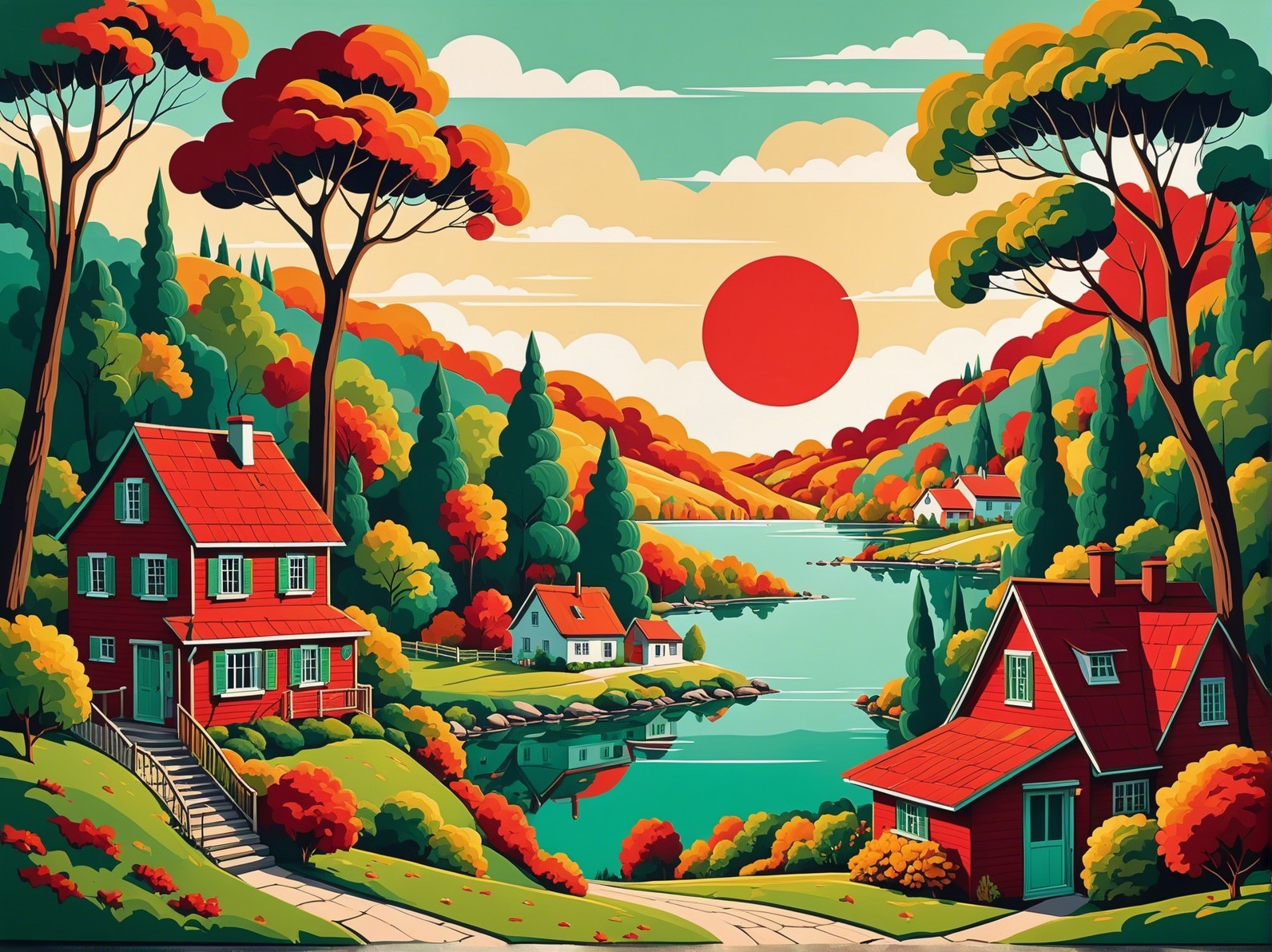 Vibrant Landscape with Red-Roofed Houses and Lake