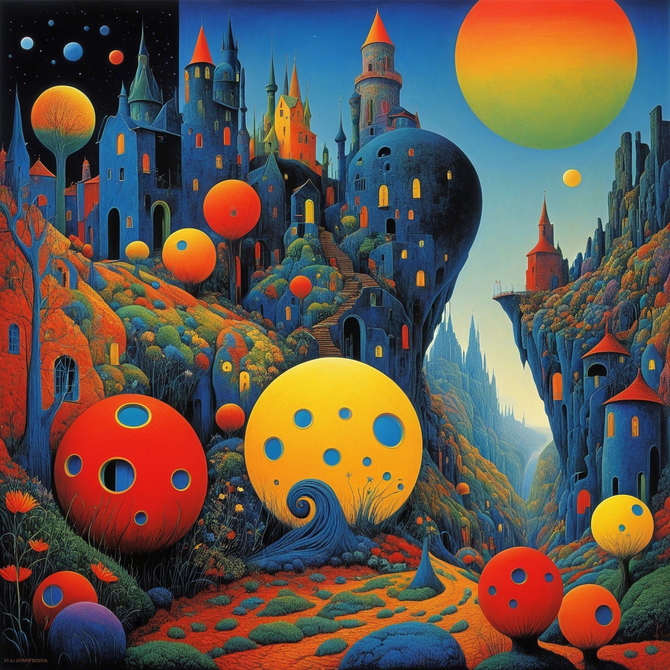 Surreal Landscape with Colorful Castles and Hills