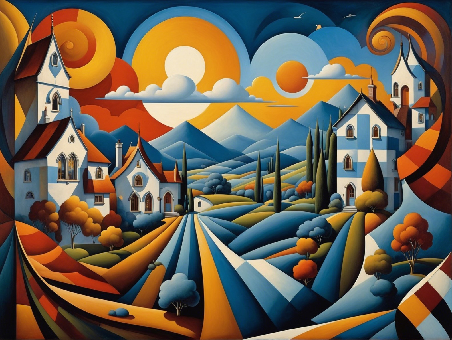 Vibrant Stylized Landscape with Colorful Trees and Houses