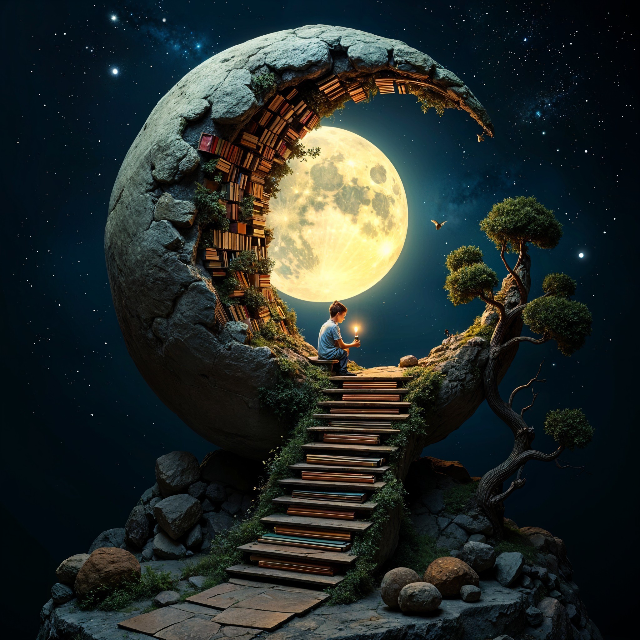 Young boy on staircase with book crescent moon scene