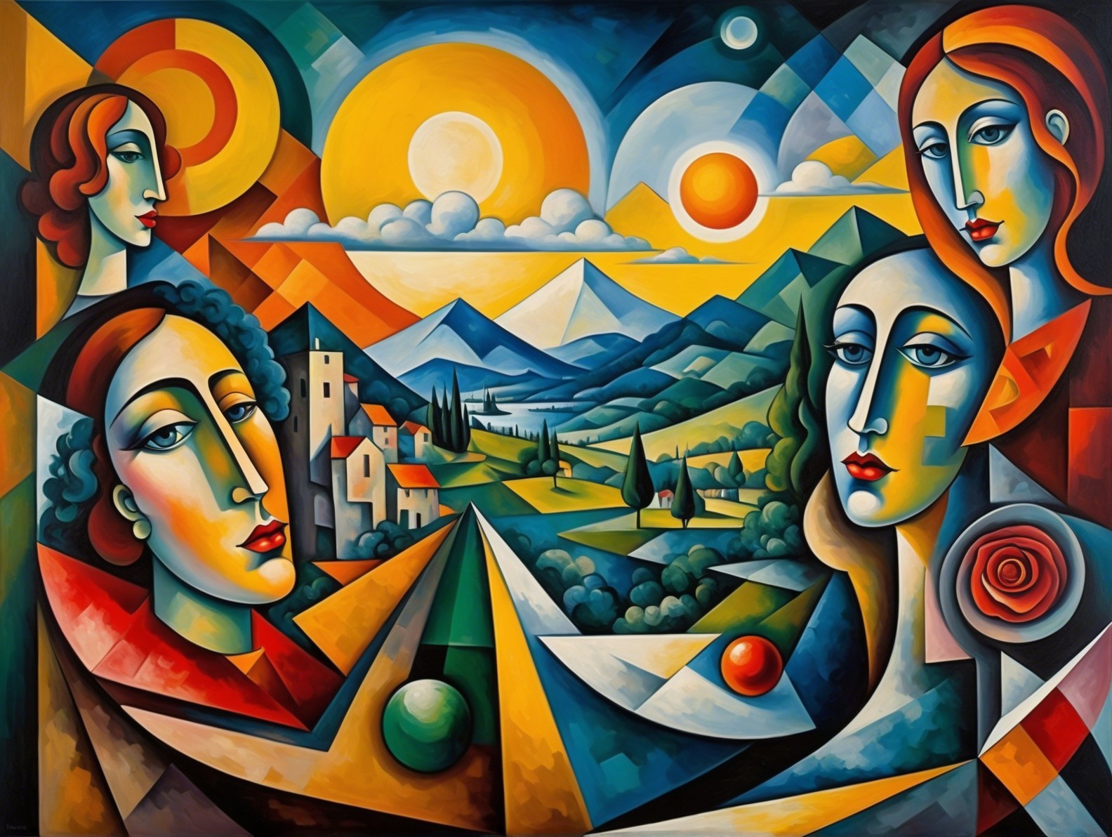 Abstract Painting with Four Stylized Faces and Landscape