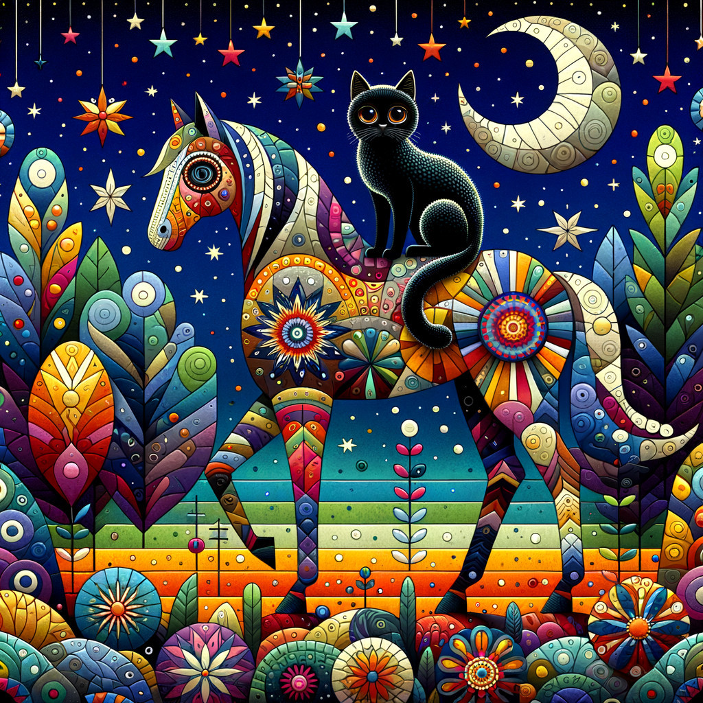 Black Cat on Colorful Horse in Enchanted Landscape