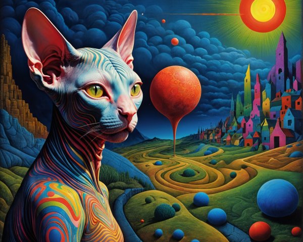 Surreal Landscape with Vibrant Sphynx Cat and Planet