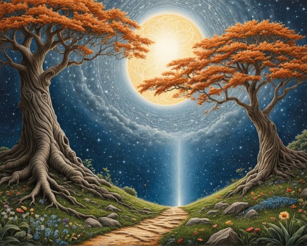 Serene landscape with trees, flowers, and night sky