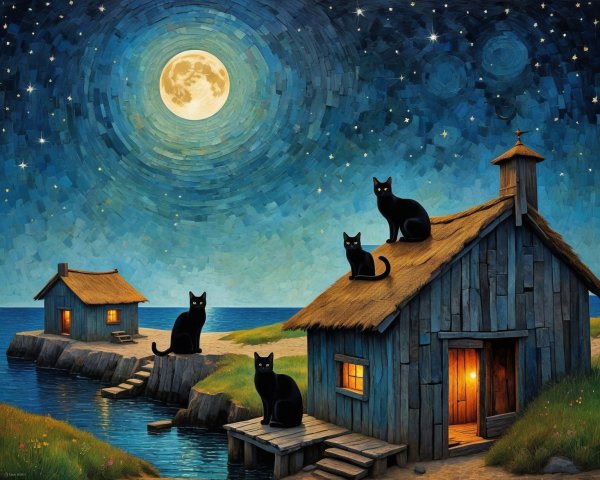 Lakeside Scene with Cabins and Cats Under Full Moon