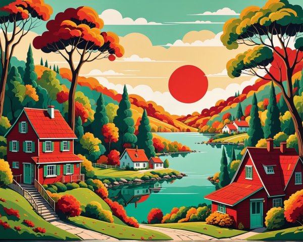 Vibrant Landscape with Red-Roofed Houses and Lake