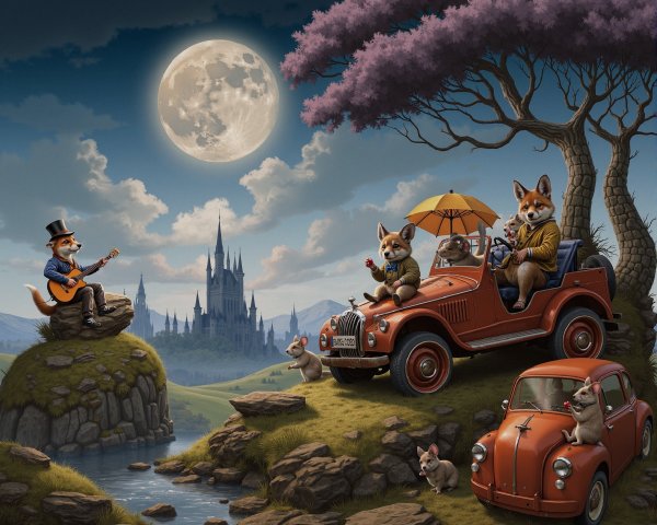 Whimsical Moonlit Landscape with Foxes and Castle