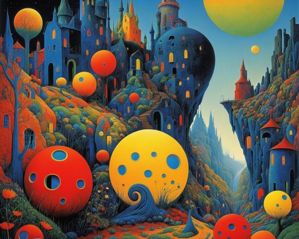 Surreal Landscape with Colorful Castles and Hills