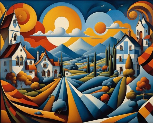 Vibrant Stylized Landscape with Colorful Trees and Houses