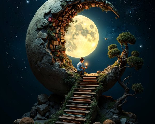 Young boy on staircase with book crescent moon scene