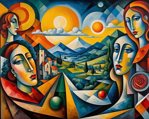 Abstract Painting with Four Stylized Faces and Landscape