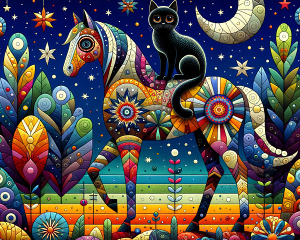 Black Cat on Colorful Horse in Enchanted Landscape
