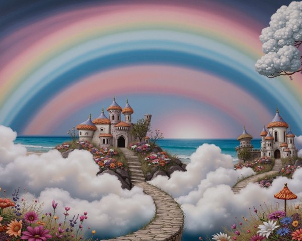 Whimsical Landscape with Castles and Rainbow Sky