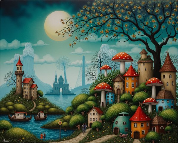 Whimsical Landscape with Colorful Houses and Moonlit River