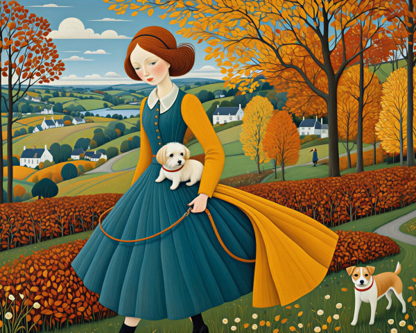 Autumn Landscape with Woman and Dogs in Colorful Foliage