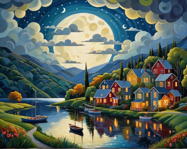 Lakeside Village Night Scene with Moonlit Reflection