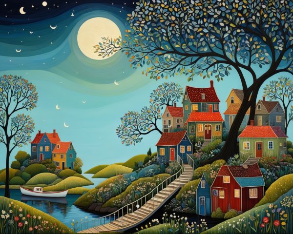 Whimsical Landscape with Colorful Houses and Moonlight