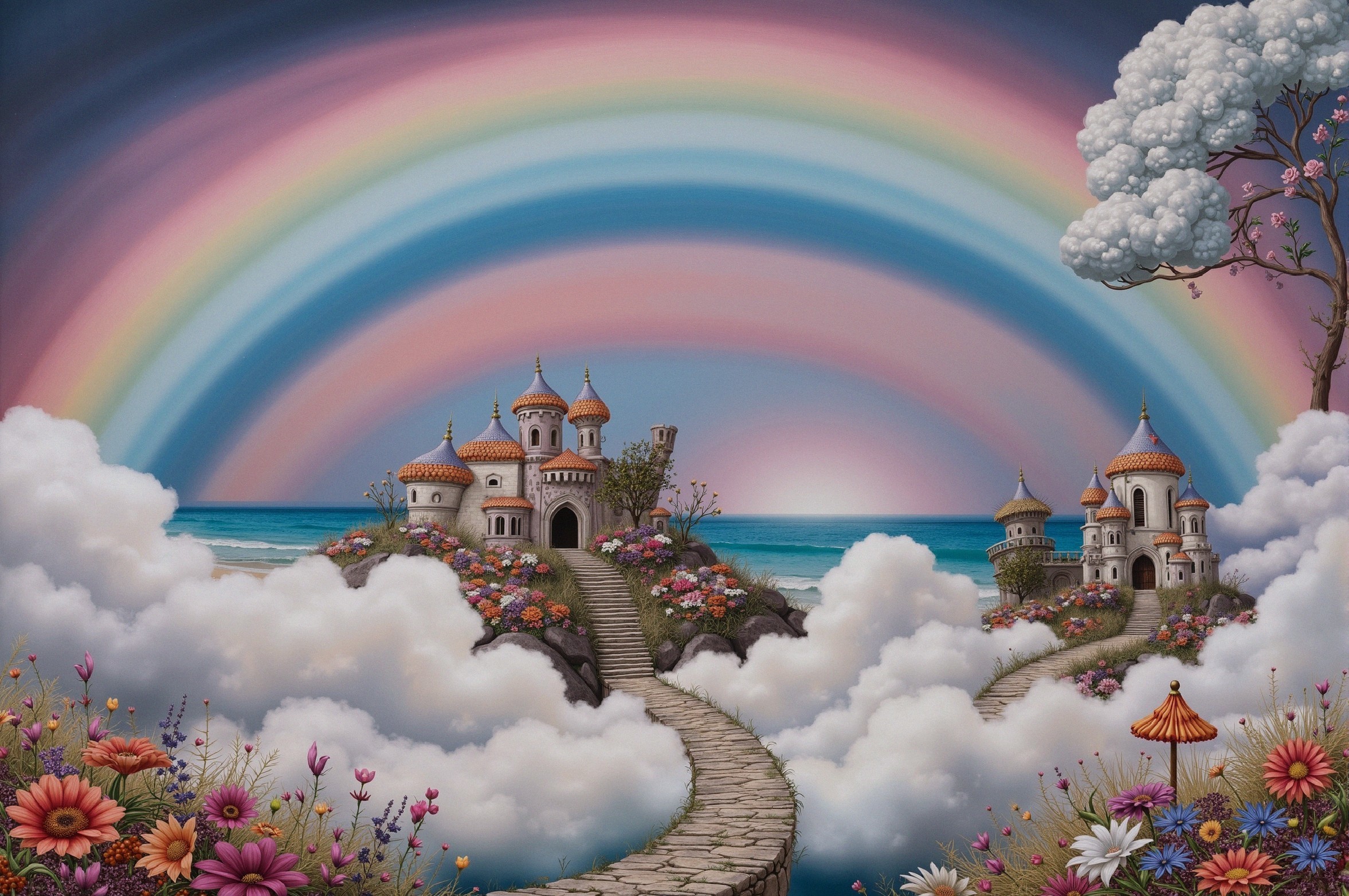 Whimsical Landscape with Castles and Rainbow Sky