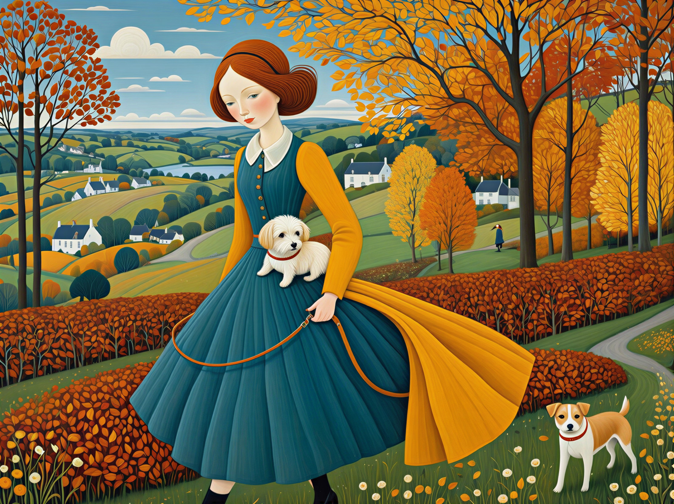 Autumn Landscape with Woman and Dogs in Colorful Foliage