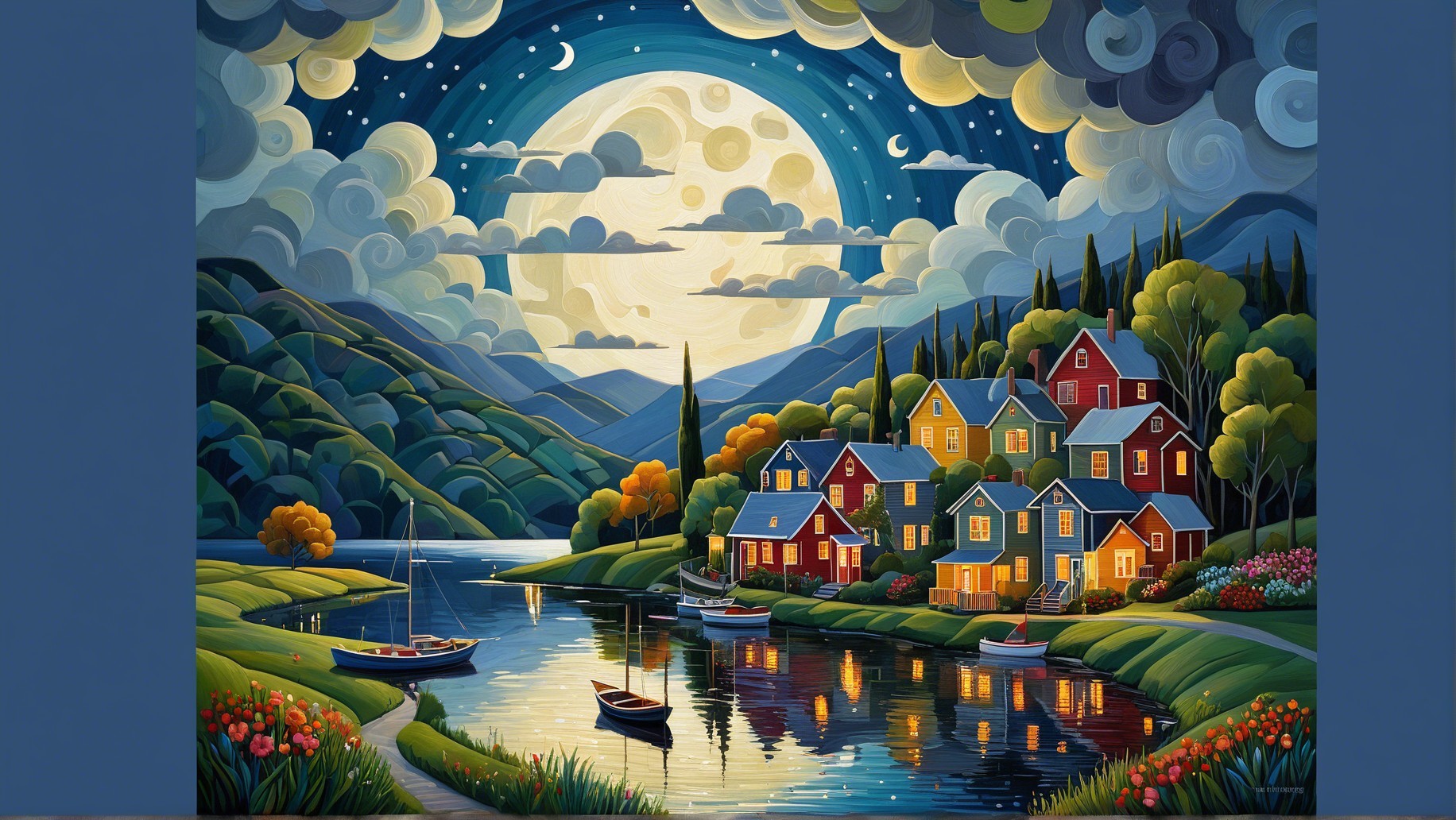 Lakeside Village Night Scene with Moonlit Reflection