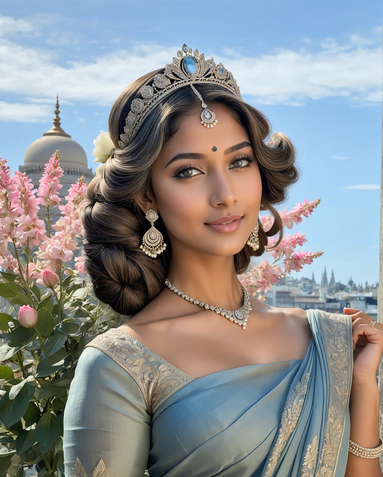 Elegant Woman in Light Blue Saree with Floral Background