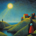 Lakeside Scene with Cabins and Cats Under Full Moon