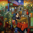 Elegant Woman in Colorful Room with Intricate Art