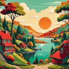 Vibrant Landscape with Red-Roofed Houses and Lake