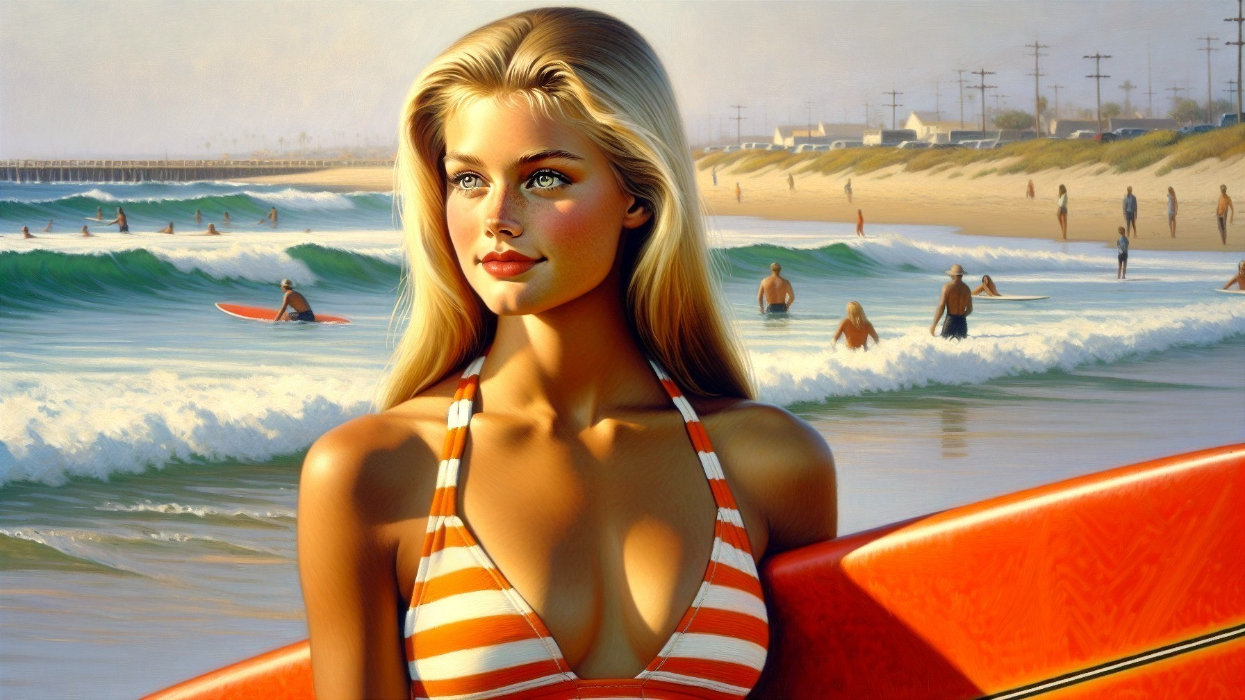 Blonde Woman with Surfboard on Sunny Beach