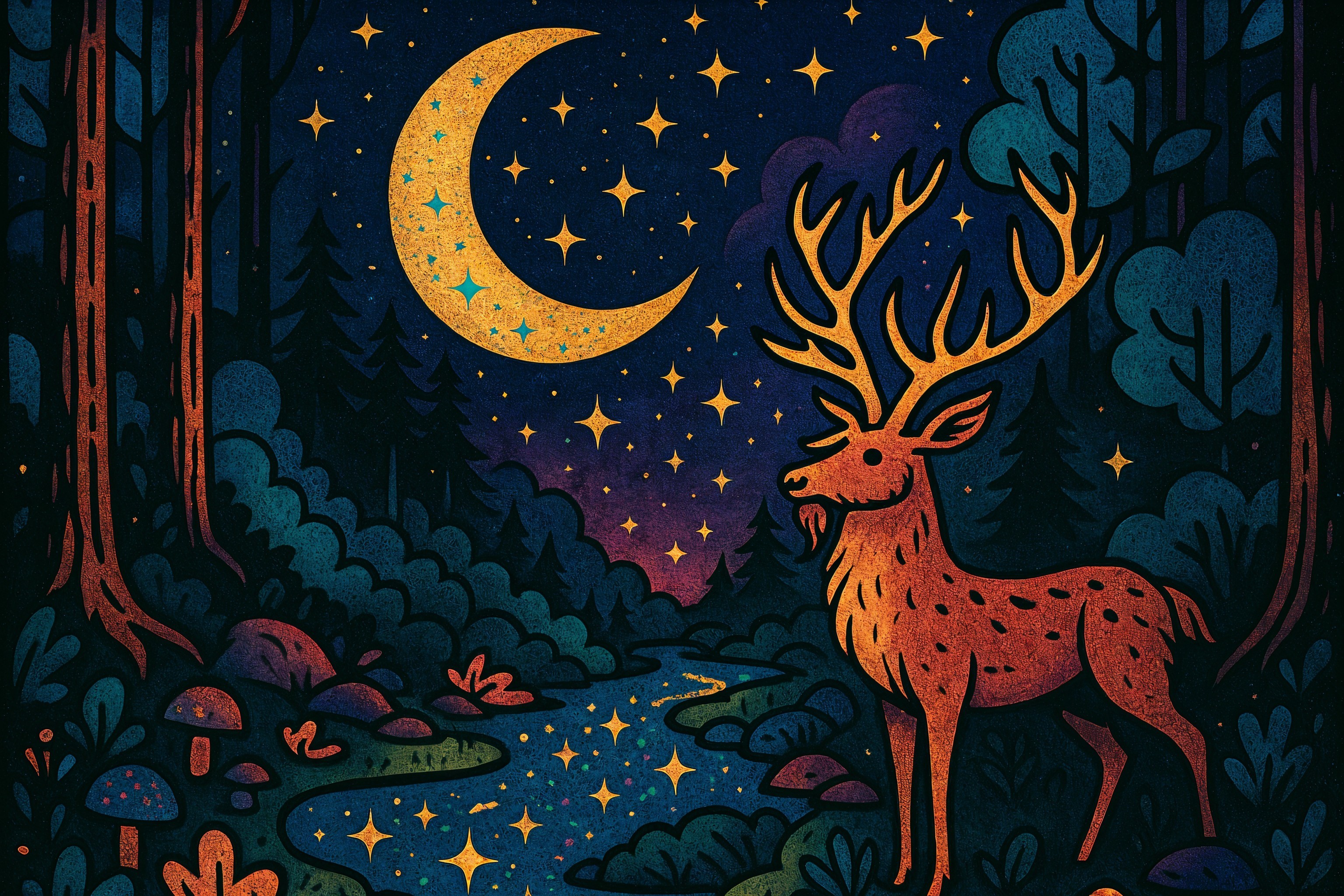 Majestic Deer by a Stream Under Starlit Sky