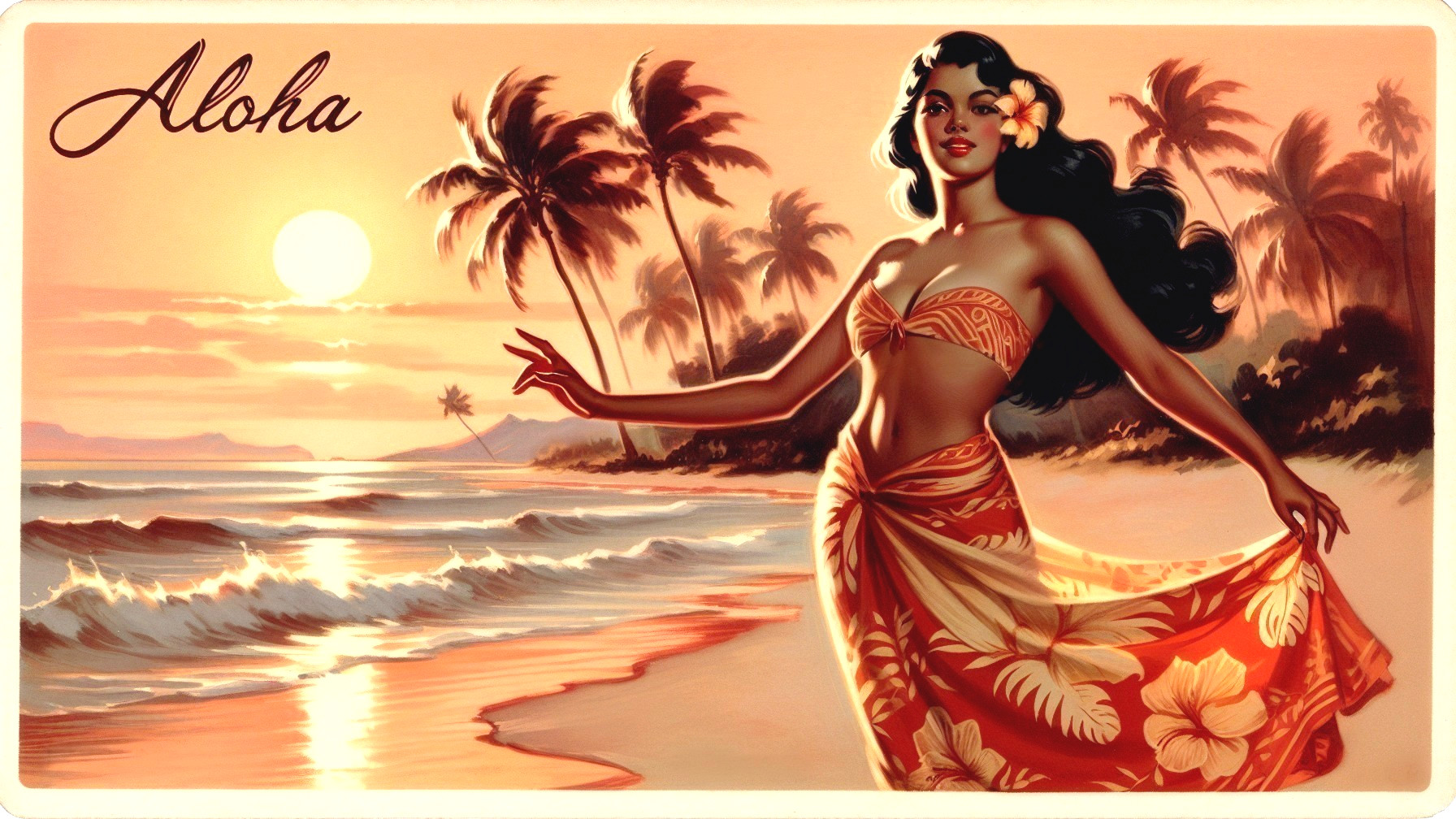 Vintage Illustration of Woman in Floral Bikini at Sunset