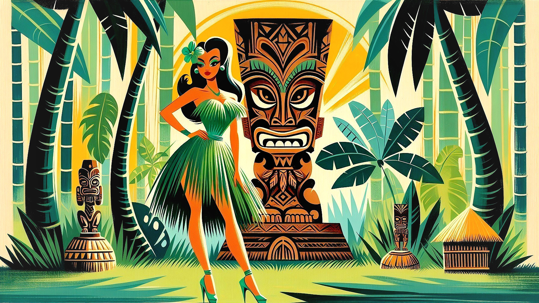 Retro Illustration of Woman in Tropical Setting