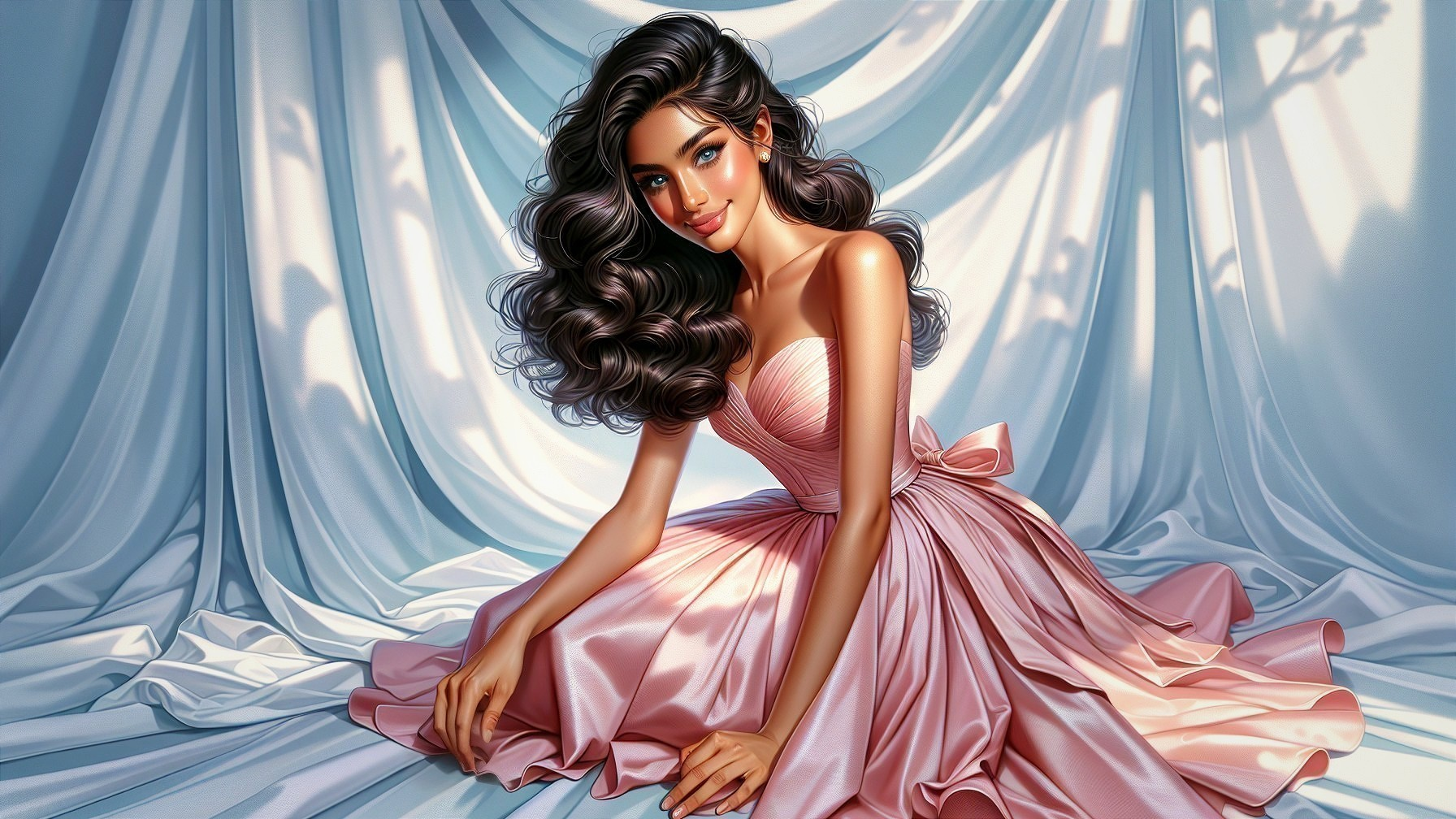 Elegant young woman in pastel pink gown with bow