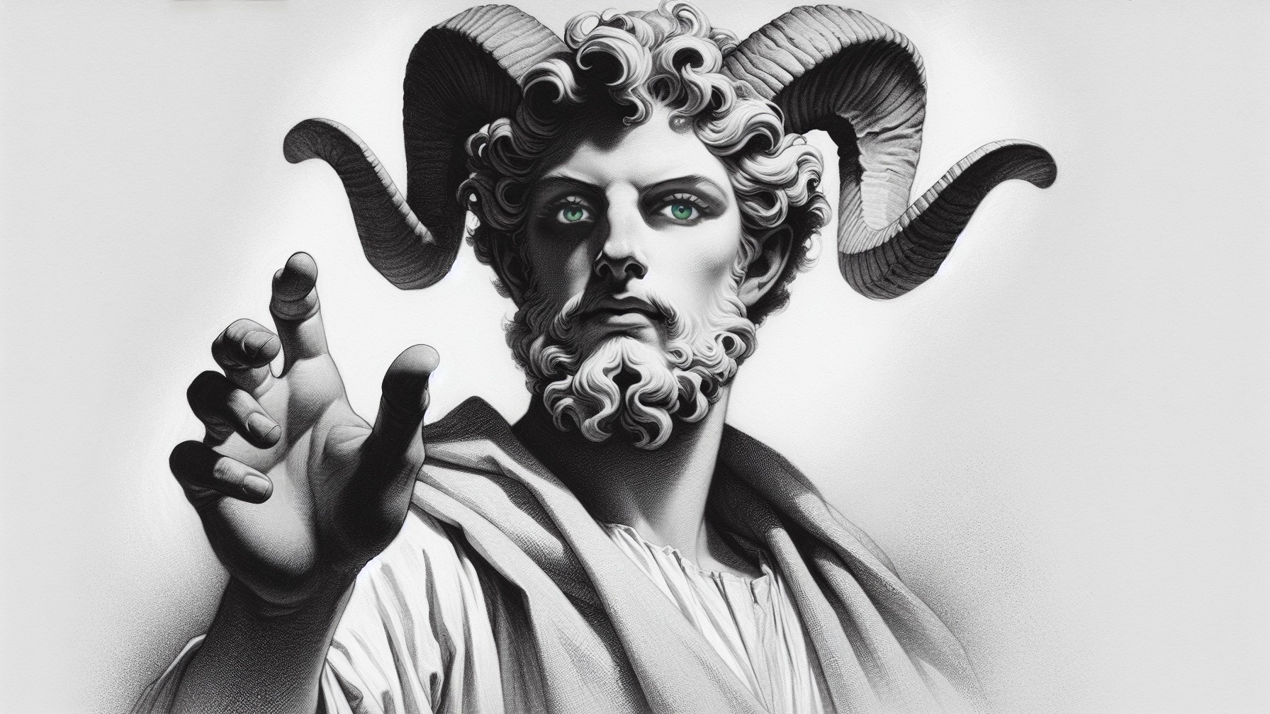 Majestic figure with ram horns and flowing beard