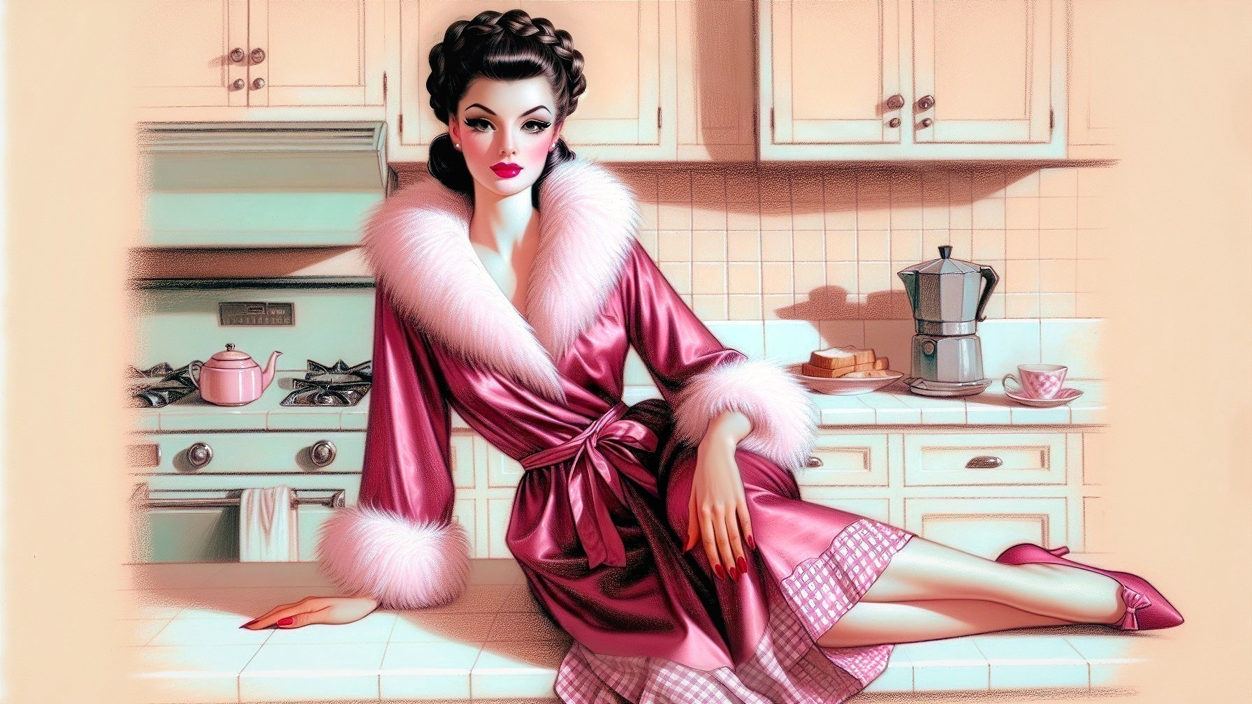 Glamorous Woman in Vintage-Inspired Pastel Kitchen