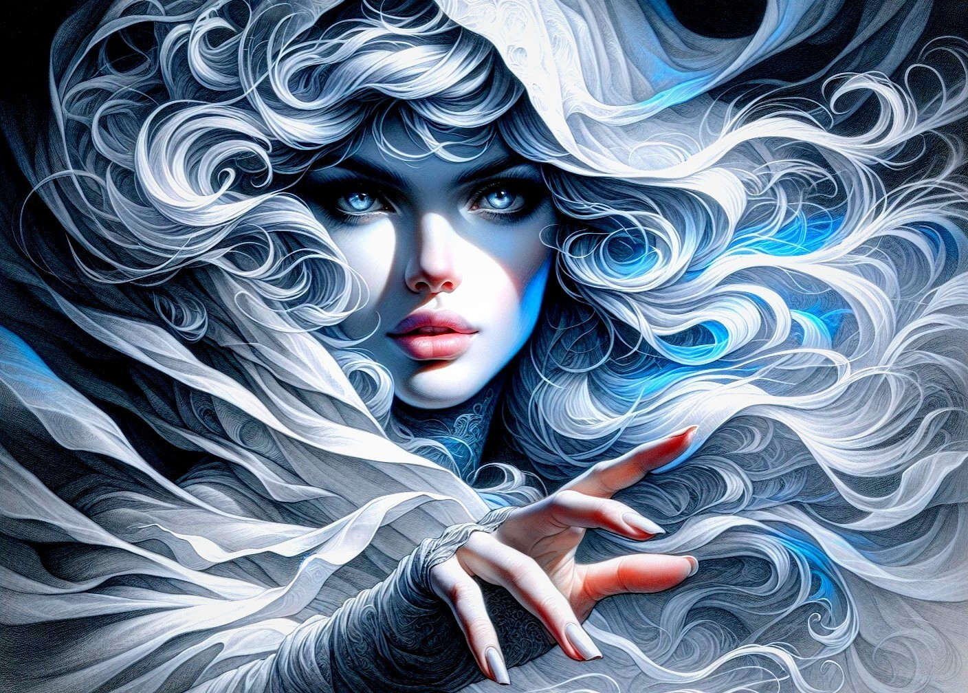 Mystical Woman Portrait with White Hair and Blue Eyes