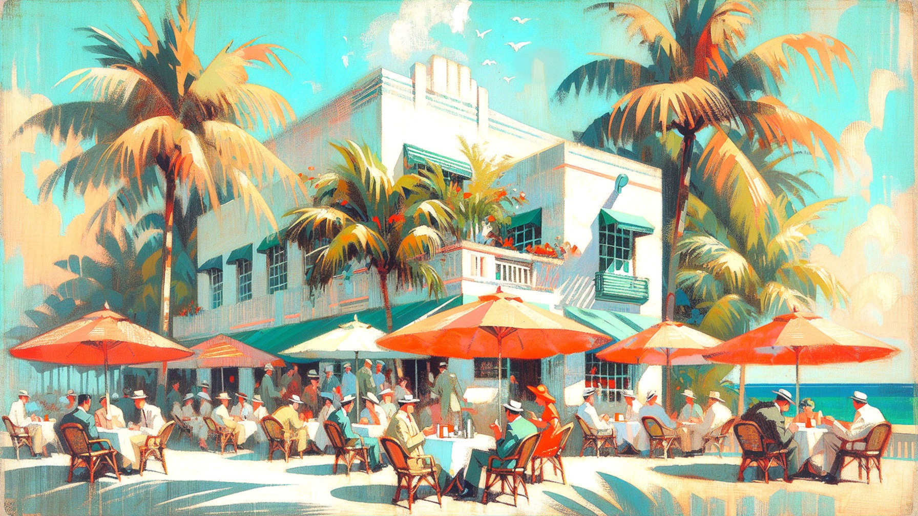 Sunny Outdoor Café with Art Deco Architecture