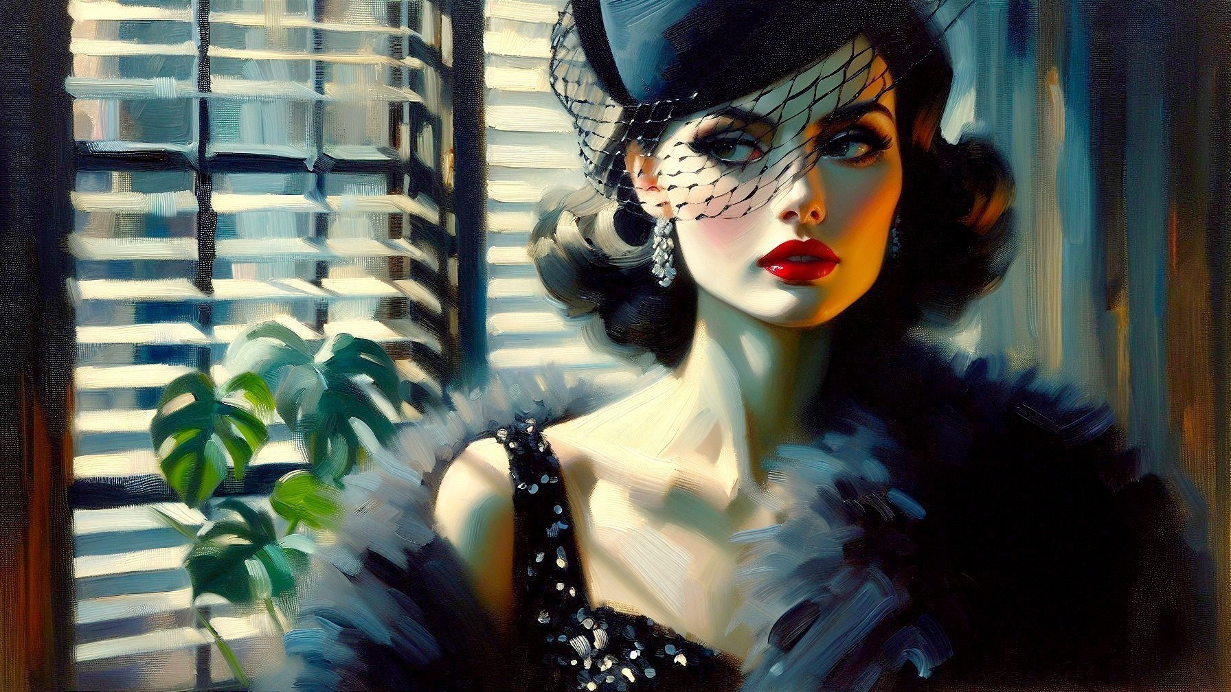 Glamorous Woman in Elegant Black Outfit with Veil