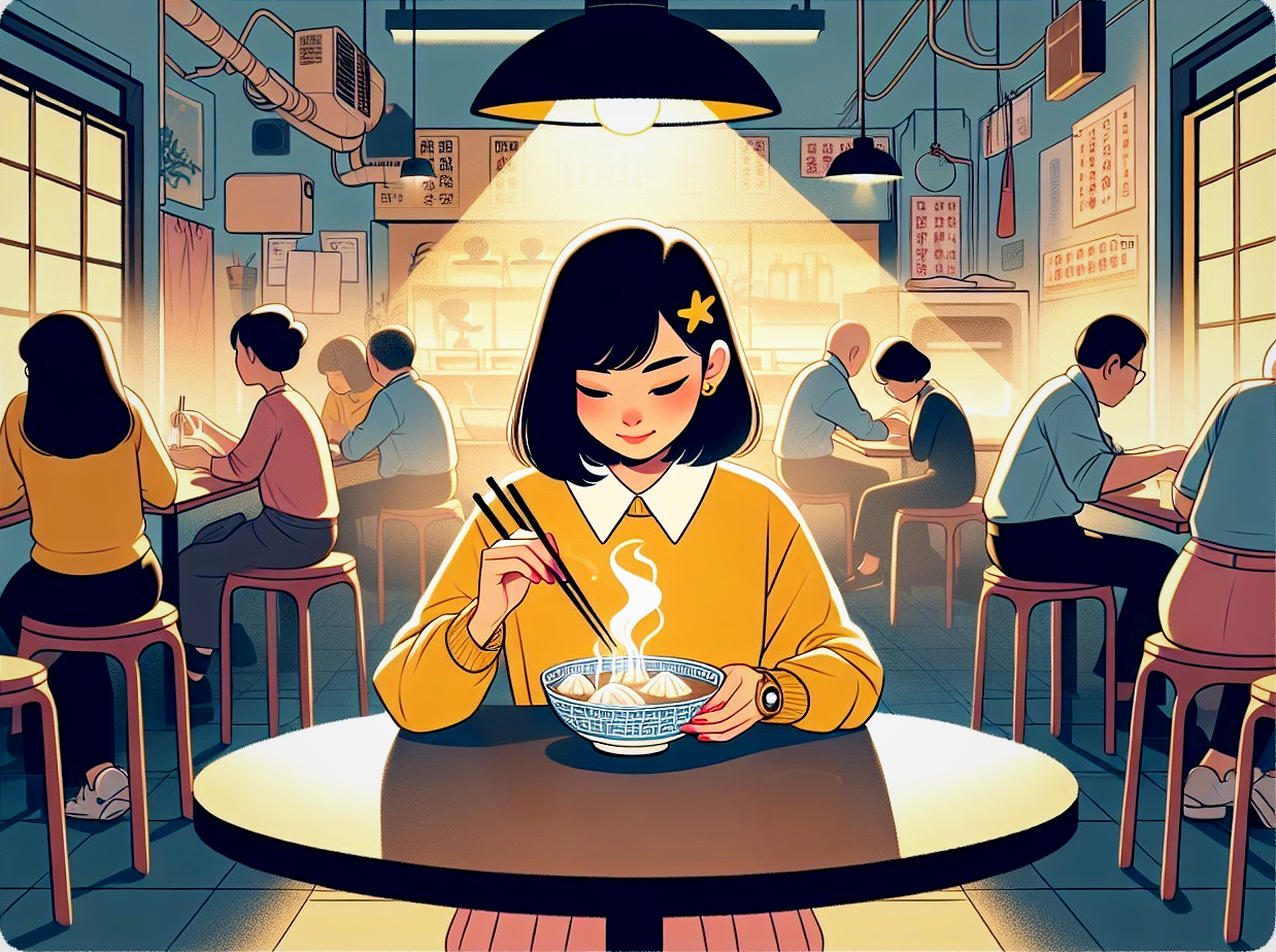 Cozy Restaurant Scene with Woman Enjoying Noodles