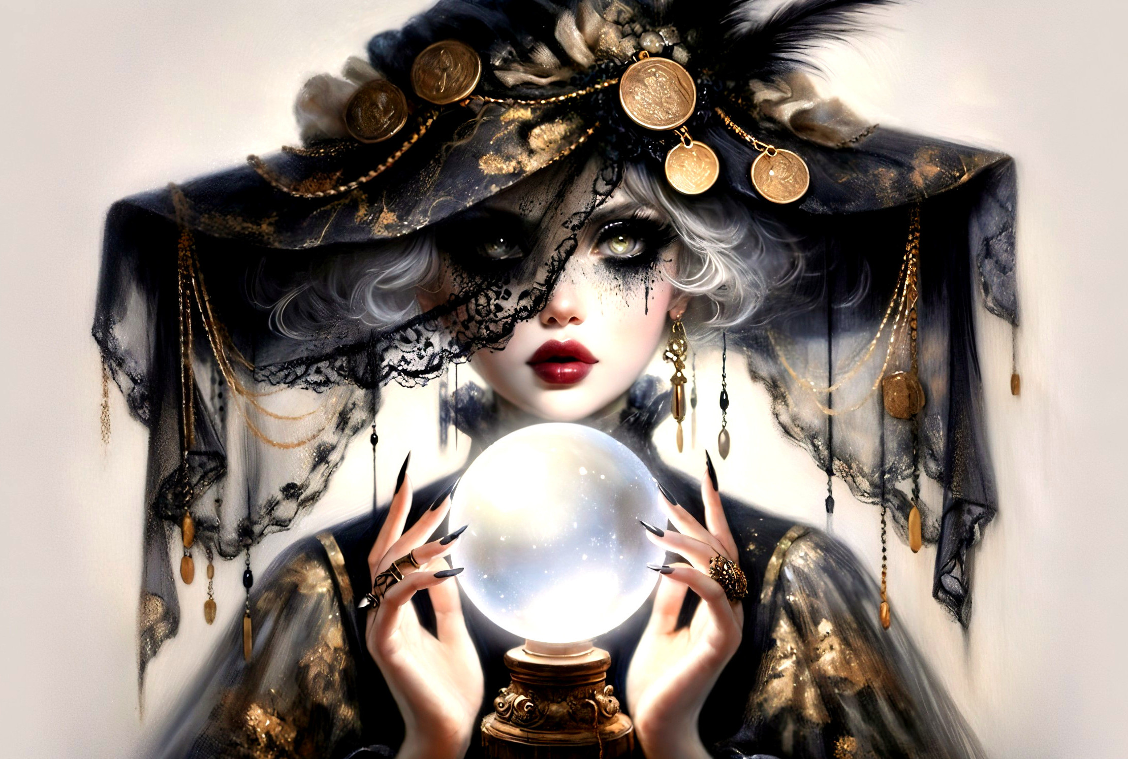 Cloaked Figure with Crystal Ball and Intricate Lace