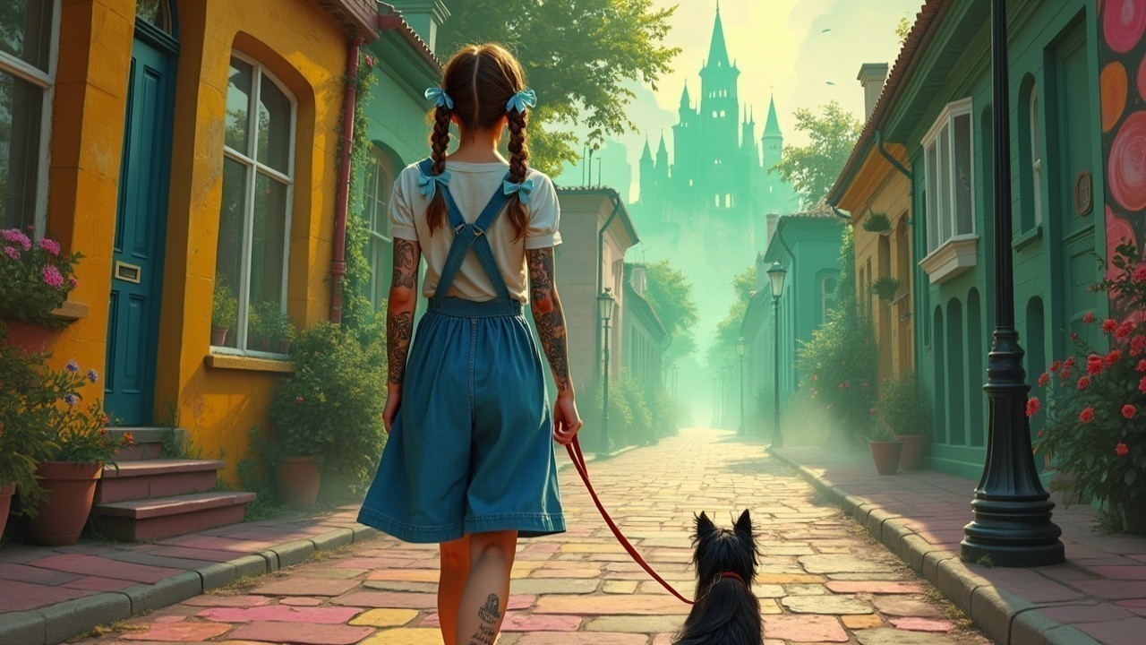 Girl with Braided Hair Walking Dog on Colorful Street