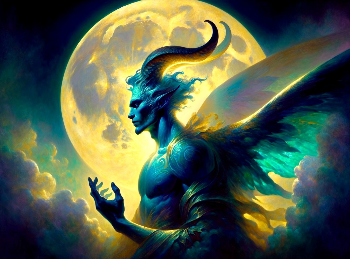 Vibrant Blue Figure with Wings Under Full Moon