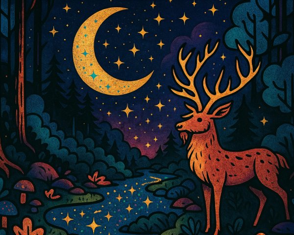 Majestic Deer by a Stream Under Starlit Sky